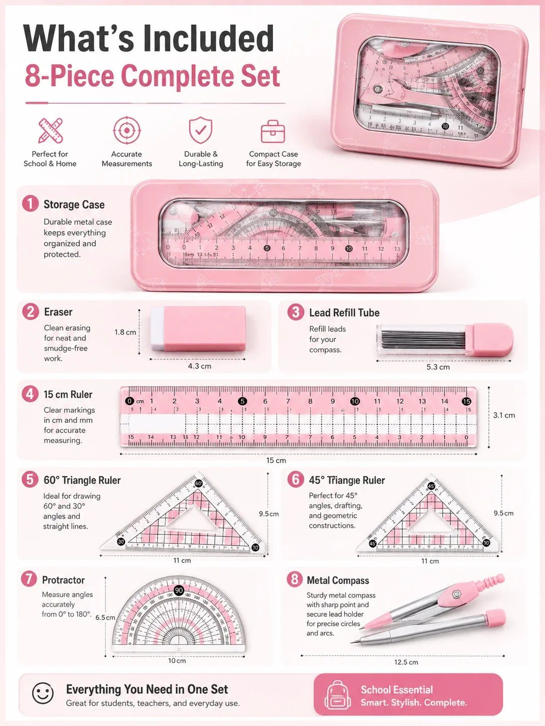 8-Piece Math Geometry Set for  - đánh giá và giá Compass Geometry Set